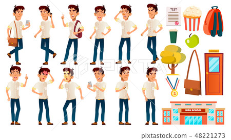 Asian Boy Schoolboy Kid Poses Set Vector. Emotional. White Shirt. High School Child. Children Study 48221273
