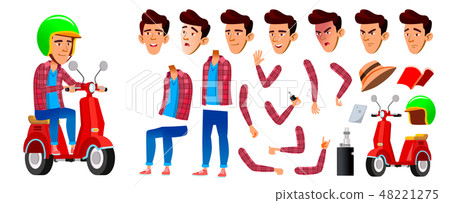 Asian Boy Schoolboy Kid Vector. High School Child. Delivery Service. Animation Creation Set. Face 48221275