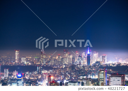 “東京都政府”下雨·東京的夜景包裹在霧“新宿方向” 48221727