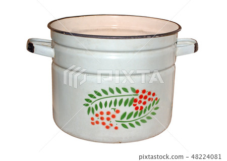 Image of an old enameled pan isolated on white background. Image of an old enameled pan isolated on white background. 48224081