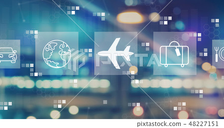Airplane travel theme with blurred city lights 48227151