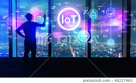 IoT theme with man by large windows at night IoT theme with man by large windows at night 48227461