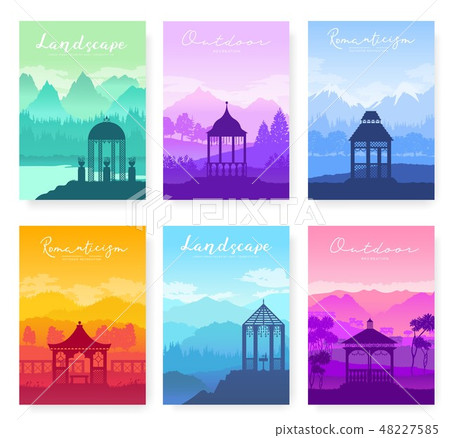 Outdoor gazebo in nature landscape vector brochure cards set. Romantic place on sunrise template of 48227585
