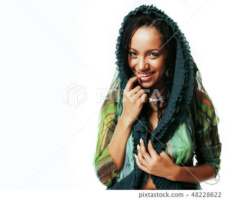 young pretty african american woman isolated on white background happy smiling, wearing bright shawl young pretty african american woman isolated on white background happy smiling, wearing bright shawl 48228622