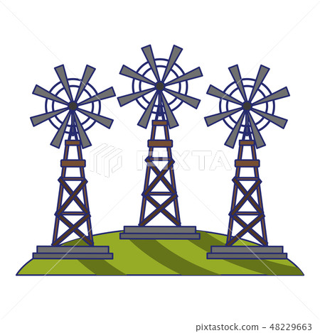 farm windmills on grass 48229663