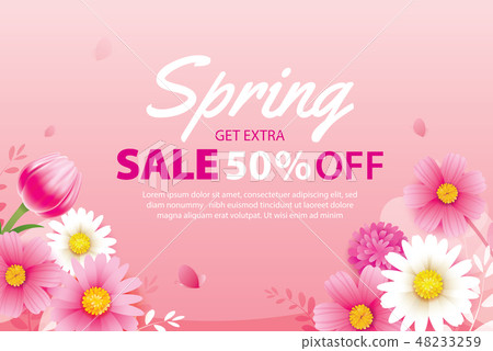 Spring sale banner with blooming flowers template 48233259