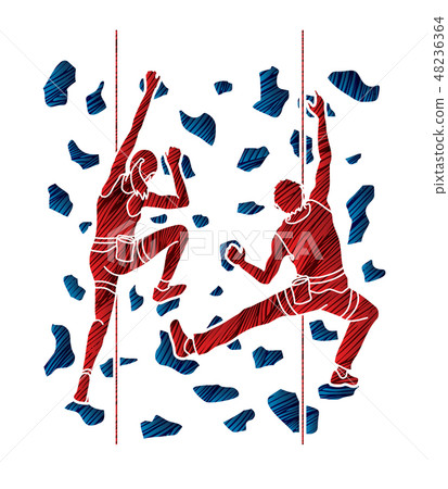 Man and woman climbing on the wall together  48236364