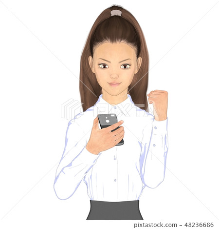 A business woman who sees a cell phone and poses guts perming2DCG Illustration material A business woman who sees a cell phone and poses guts perming2DCG Illustration material 48236686