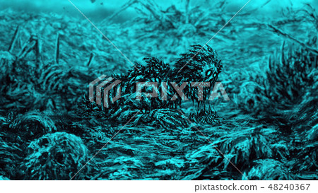 Zombie wakes up from dirt on blue background. 48240367