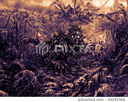 Zombie wakes up and raises head from dirt. 48240368