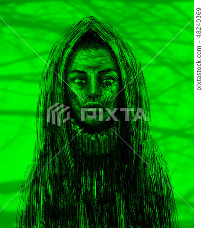 Shaman girl in the hood. Green background 48240369