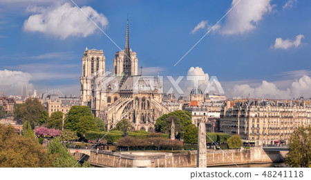 Paris, Notre Dame with boat on Seine in France 48241118