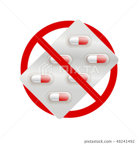 Pills are not allowed, red forbidden sign on white 48241492