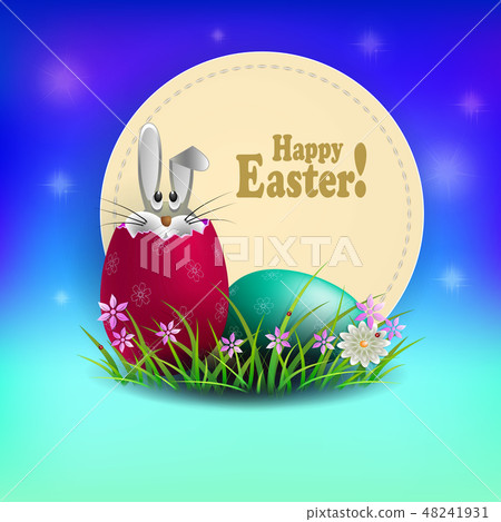 Illustration of a blue shade with a round frame with Easter eggs and a rabbit, Illustration of a blue shade with a round frame with Easter eggs and a rabbit, 48241931