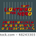 Lightning Super hero font. 3D alphabet letters and numbers in a comics style. 48243303