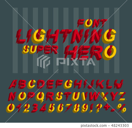 Lightning Super hero font. 3D alphabet letters and numbers in a comics style. Lightning Super hero font. 3D alphabet letters and numbers in a comics style. 48243303