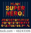 Super hero flash font. 3D alphabet letters and numbers in a comics style. 48243306