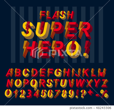 Super hero flash font. 3D alphabet letters and numbers in a comics style. Super hero flash font. 3D alphabet letters and numbers in a comics style. 48243306