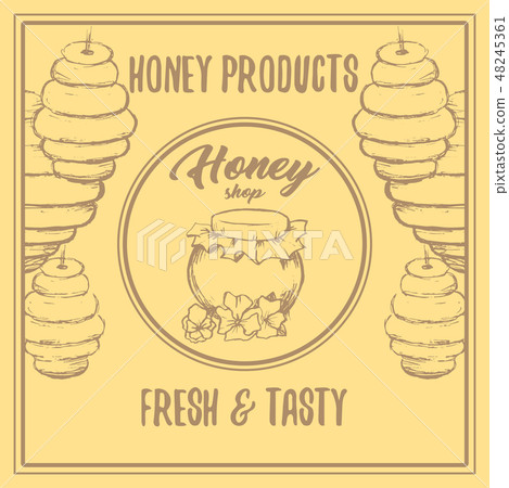 Honey Bee Poster Design with Sketch Circle Logo and Honeycomb Elements. 48245361