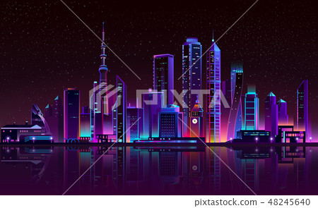 Vector clock tower on river, glowing city Vector clock tower on river, glowing city 48245640