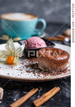 Chocolate lava cake Molten with ice cream on plate and cappuccino. Balls of ice cream in cup . Dark 48247108