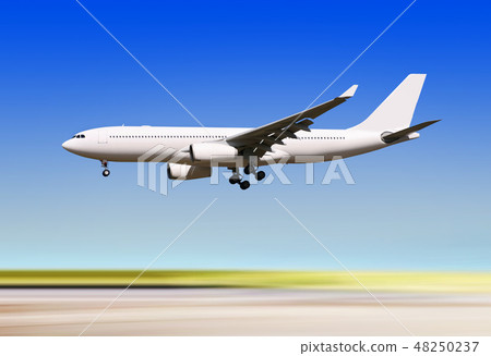 plane landing over runway of airport plane landing over runway of airport 48250237