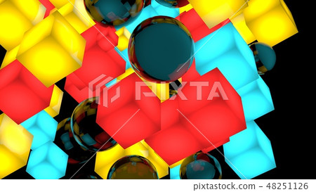 Background composition with cubes and spheres. 3D render Illustration. Isolated on black. Background composition with cubes and spheres. 3D render Illustration. Isolated on black. 48251126