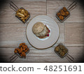 Hamburger, french fries, chicken wing, meatballs. 48251691