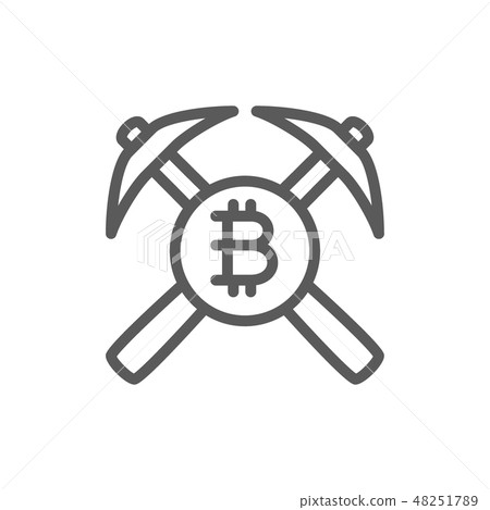 Bitcoin coin and pickaxes, blockchain, cryptocurrency line icon. 48251789