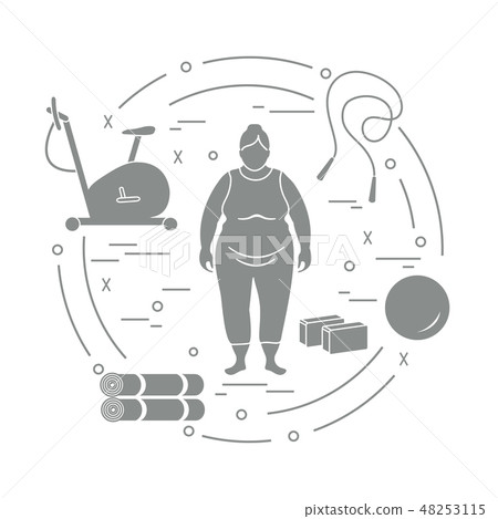 Fat woman and different sports equipment Fat woman and different sports equipment 48253115