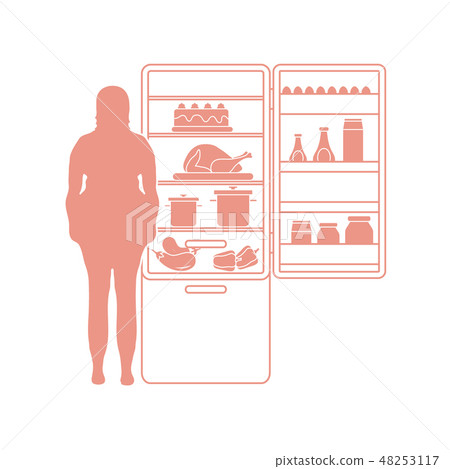 Fat woman stands at the fridge full of food 48253117