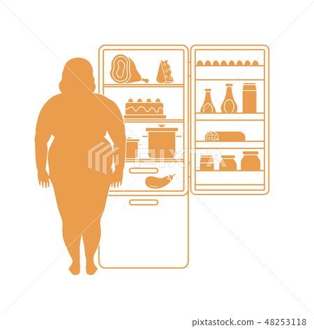 Fat woman stands at the fridge full of food 48253118