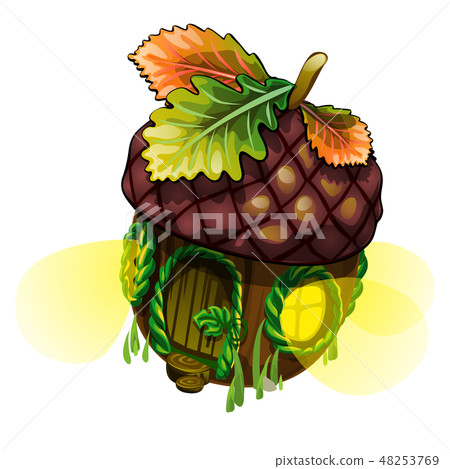 Fairy house in form of acorn with glowing windows isolated on white background. Vector close-up Fairy house in form of acorn with glowing windows isolated on white background. Vector close-up 48253769