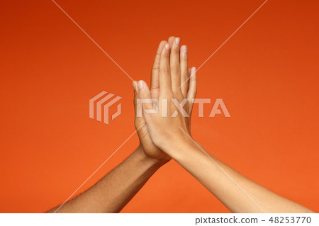 Man and woman greeting each other with high five Man and woman greeting each other with high five 48253770