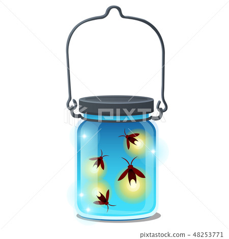 Glass transparent jar with glowing insects isolated on white background. Vector cartoon close-up 48253771