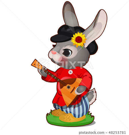 Animated hare with hat and Russian balalaika in clothes isolated on white background. The character Animated hare with hat and Russian balalaika in clothes isolated on white background. The character 48253781