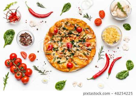 Italian pizza and various ingredients isolated on white Italian pizza and various ingredients isolated on white 48254225