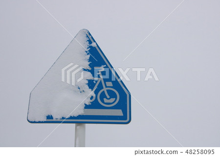 Road signs (indication signs) that are covered hidden by snowflakes and are not visible halfway "Crosswalks and Bicycle Zones". 48258095