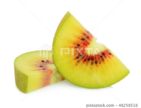 two sliced red kiwi fruit isolated on white  48258518