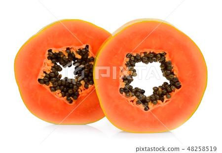 half cut of ripe papaya fruit with seeds isolated  48258519