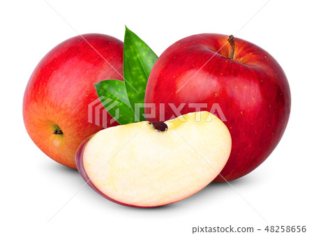 whole and slice fresh red apple with green leaf  48258656