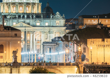 Rome, Italy. St. Peter's Square With Papal Basilica Of St. Peter In The Vatican And Aelian Bridge In Rome, Italy. St. Peter's Square With Papal Basilica Of St. Peter In The Vatican And Aelian Bridge In 48259610