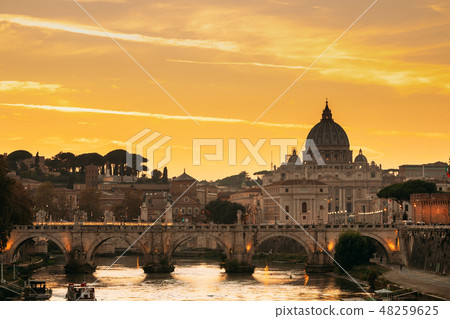 Rome, Italy. Papal Basilica Of St. Peter In The Vatican And Aelian Bridge In Sunset Sunrise Time Rome, Italy. Papal Basilica Of St. Peter In The Vatican And Aelian Bridge In Sunset Sunrise Time 48259625