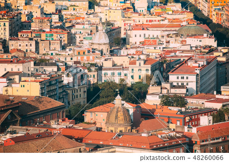 Naples, Italy. Top View Cityscape Skyline With Famous Landmarks In Sunny Day. Many Old Churches And 48260066