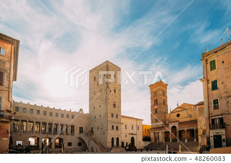Terracina, Italy. Tower Of Cathedral Of San Cesareo And Town Hall In Sunny Day Terracina, Italy. Tower Of Cathedral Of San Cesareo And Town Hall In Sunny Day 48260083