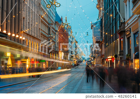 Helsinki, Finland. Tram Departs From Stop On Aleksanterinkatu Street. Night Evening Christmas Xmas 48260141