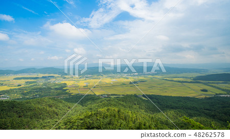 Landscape of rural rice fields viewed from Geumho-jeong, Namsan, Gyeongju Landscape of rural rice fields viewed from Geumho-jeong, Namsan, Gyeongju 48262578
