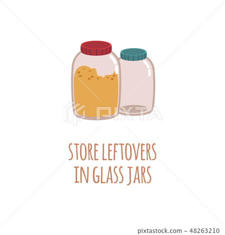 Two glass jars for storage of food residues in a flat style with text Store leftovers in glass jar. 48263210