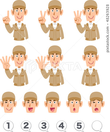 The upper body expression and number of men wearing a beige work cloth that counts numbers with fingers The upper body expression and number of men wearing a beige work cloth that counts numbers with fingers 48263928