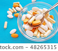 Pills in spoon and bowl on blue background 48265315